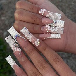 False Nails 24Pcs Long Ballerina Press On Serpentine Flower With Rhinestones French Fake Wearable White Tips