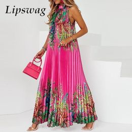 Basic Casual Dresses Lady Casual Loose Halter Pleated Maxi Dress Women Fashion Leaf Print Sleeveless Beach Boho Dress Elegant Halter Long Party Dress 230606