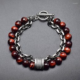 Link Bracelets Winoneday Men Jewelry Natural Tiger Eye Stone Beaded Bracelet Black Stainless Steel Magnetic Clasp Bead