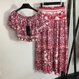 Women Dress Cropped T Shirt Top Fashion 2pcs Sets Vintages Printed Boat Neck Tops High Waist Skirts Suits