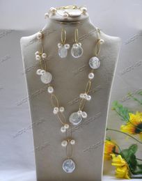 Pendant Necklaces Z12646 Set 20mm White Coin Rice Round Pearl Gold-Plated Chain Necklace Bracelet Earring