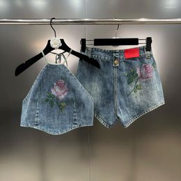 Women's Tracksuits BORVEMAYS 2023 Summer Hanging Neck Sleeveless Printing Slim Denim Tank Tops High Waist Casual Shorts Trend WZ3245