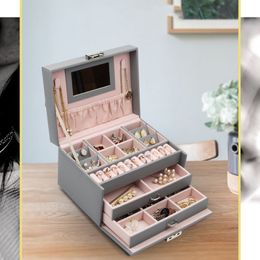 Jewelry Boxes 3-layers PU Jewelry Organizer Large Ring Necklace Makeup Holder Cases Leather Jewelry Box With Lock For Women 230606