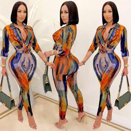 Ethnic Clothing 2023 Autumn Elegant African Women Long Sleeve V-neck Polyester Two Pieces Sets Top And Pant S-2XL Clothes