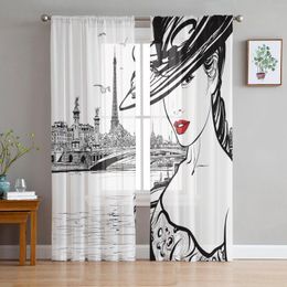 Curtain Paris Seine Woman Eiffel Tower Red Lips Tulle Sheer Curtains For Living Room Bedroom Decor Window Voile Organza Drapes