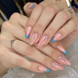 False Nails 24Pcs Blue Pink Ripple Almond Simple With Glue French Design Wearable Fake Full Cover Press On Tips Art