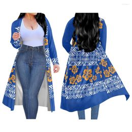 Women's Knits Kimono Polynesian Tribal Samoan Clothing Blue Tiare Flowers Print Custom Ethnic Cardigan Personality Casual Women Coat Fijian