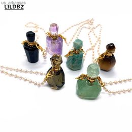 Fragrance Fashion Natural Stone Amethyst Tiger Eye Stone Perfume Bottle Pendant Necklace Essential Oil Diffuser Small Bottle Charm Jewellery L230523