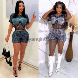 Women's Two Piece Pants Printed Sheer Mesh Metal Chain Two Piece Set Women Summer Night Club Suits Short Sleeve Crop Top And Shorts Fashion Tracksuits J230607