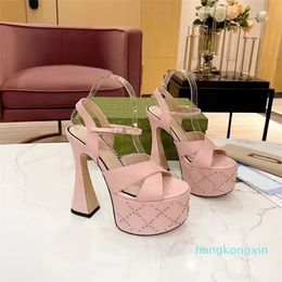 Designer Women's hourglass and genuine leather sandals Fashion metal letter cross high platform heels 15.5cm runway party wedding dress shoe size 34-42