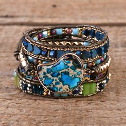 Chain Ethnic 5 Strand Blue Irregular Natural Stones Imperial Jasper Wrap Bracelets Beaded Cord Vegan Women Sisters Bohemia Jewelry 230606