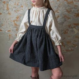 Girl's Dresses Retro Black Girls Pinafore Dress 2023 Summer New Children's Cotton Casual Loose Adjustable Straps TZ288 R230607