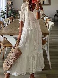 Basic Casual Dresses Retro Lace Dress Women Summer Ladies Fashion Hollow Out Dresses Female V Neck Half Sleeve Elegant Long Dress Loose Robe Femme 230606