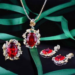 Necklace Earrings Set Luxury Quality Exquisite Imitated Ruby Silver Colour Women Wedding Pendant Ring Red Zircon Crystal