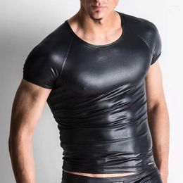 Men's Suits A2023 Leather Tops Stretch Pu Short Sleeve T-shirts Club Slim Bar Stage Performance Tee Shirt Elastic Blouse