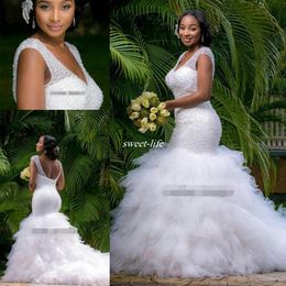 Vintage Plus Size Mermaid Wedding Dress Beading Sheer Deep V Neck Backless Corset Ruffles Tulle Garden Bridal Gown253U