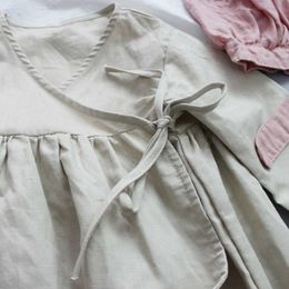Girl's Dresses Girls Retro Cotton And Linen Wrap Dress Spring Autumn New Children's Casual Loose Lace-up With Long Sleeve