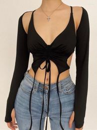 Women's Blouses 2023 Two Piece Sets Tops And Women Summer Fall Grunge Sleeveless Halter Tie Up Drawstring Tank Long Sleeve Crop T