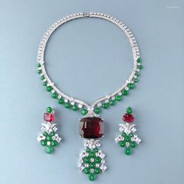 Necklace Earrings Set Luxurious Fashion Stud Women Lady Inlay Zircon Synthetic Ruby Big Pendant Green Beads Chain