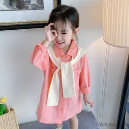 Girl's Dresses Cute Girls Long-Sleeved Loose Lapel Shirt Dress Children'S Shawl Spring Autumn Fashion Style New Mid-Length Top R230607