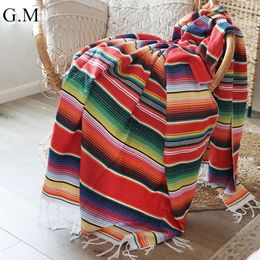 Blankets Mexican Style Tassel Rainbow Striped Picnic Blanket Tablecloth Beach Mat Cotton Sofa Bed Throw Blankets Hanging Tapestry 230606