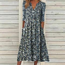 Casual Dresses Pretty Women V Neck Short Sleeves Pocket Long Dress For Girls Holiday Floral Sundress Midi