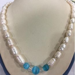 Chains 7-8mm Akoya Freshwater Rice Pearl &blue Opal Necklace