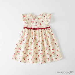 Girl's Dresses Summer Girls Dress Pastoral Style Bow Flying Sleeves Princess Fashion Kids Outfit Cute Toddler Baby Clothing R230607