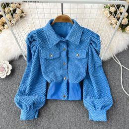 Women's Jackets Autumn Winner Vintage Elegant Women Tops Soild Turn-down Collar Puff Sleeve Single Breasted With Pocket Ladies Jacket