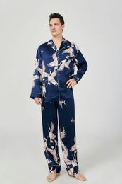 Men's Sleepwear Pure Silk Pajamas For Men Long Sleeve Classic Lapel Collar Animal Printed Pjs Luxury Silky Stain