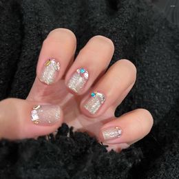 False Nails 24PCS Colorful Rhinestone Design Cat Eye Sweet Korean Style Press On Nail Full Cover Short Acrylic Stickers