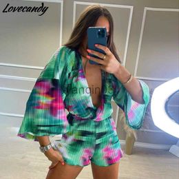 Women's Two Piece Pants Women V Neck Short Suit Fashion Collected Waisted Suits Women Elegant Flare Sleeve Shorts Suit 2022 Female Ladies J230607