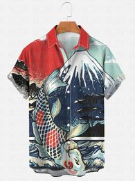 Men's Casual Shirts Men's Koi Fish Fuji Mountain Japan Printed Hawaiian Summer Women For Men Tops
