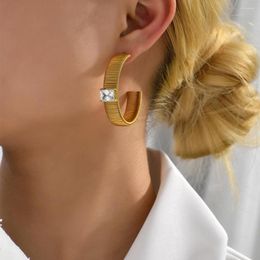 Hoop Earrings Stainless Steel Jewelry Woman's Earring Striped C-Shaped Gold Plated Inlaid Zircon Rock Hip-Hop Delicate Design