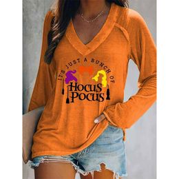 T-Shirt Rheaclot Halloween It's Just A Bunch Of Hocus Pocus Women's Summer Casual Cotton Graphic VNeck Long Sleeve TShirt