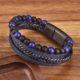 Charm Bracelets Trendy Blue Beads Leather Bracelet For Men High Quality Male With Stainless Steel Magnet Cool Jewellery Gift