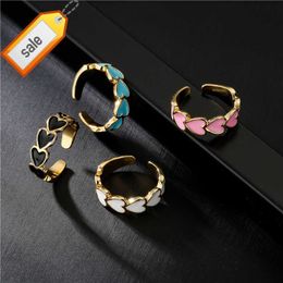 European and American fashion black white pink blue 4 color drop oil heart opening ring 18K gold plating