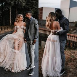 Boho Berta A line Wedding Dresses Sweetheart Off Shoulder Sequins Lace Appliques Backless Tulle designer biohemia wedding bridal gowns