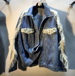 Women's Jackets European Autumn Winter Stitching Beaded Sequins Mesh Gauze Loose Denim Jacket Women Coats Fashion Streetwear 2023