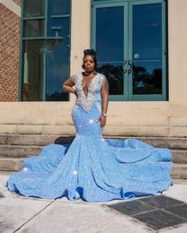 Sky Blue Sheer O Neck Long Prom Dress For Black Girls Appliques Birthday Party Dresses Sequined Mermaid Evening Gowns Es Es Es es