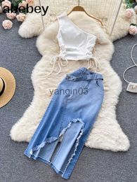 Women's Two Piece Pants Summer Women Two 2 Piece Set Sexy One Shoulder Crop Top+High Waist Button-up Denim Skirts Korean Office Lady Sleeveless Suits J230607