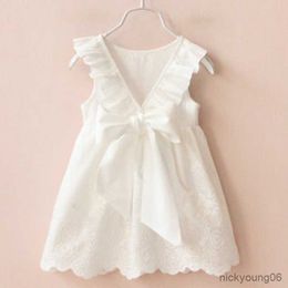 Girl's Dresses New Summer Girls' Dress Pure White Hollow Big V Backless Party Princess Children's Baby Kids Girls Clothing R230607