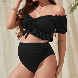 Maternity Swimwears Maternity Bikini Set Tie Front Off Shoulder Two Piece Swimsuit Pregnant Women Bathers Black Bathing Suit Summer Beach Swimwear T230607