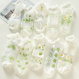 Women Girls Summer Flower Socks Embroidery Daisy Breathable Lace Glass Silk Short Sock Antiskid Invisible Ultra Thin Ankle Socks