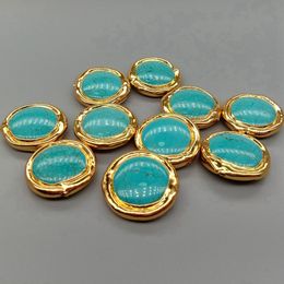 Beads Wholesale 10 PCS Blue Turquoise Coin Shape 24mm Beads Metal Bezel Connector