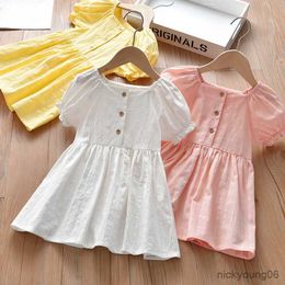 Girl's Dresses Girls Cotton And Linen Dress Summer New Style Children's Casual Solid Color Button Sleeve Princess WT034 R230607