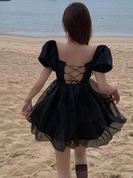 Dresses QWEEK Summer Backless Wrap Mini Dress Women Harajuku Puff Sleeve Bandage Mesh Black Short Dresses 2022 Sundress Korean Kpop Y2k