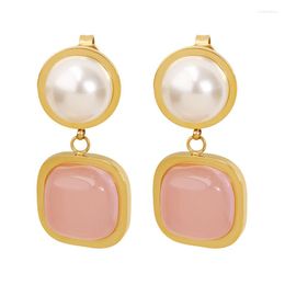 Stud Earrings Greek Temperament Powder Jade Beauty Style Steel Imitation Pearl 18K Gold-Plated Titanium Pendant Fashion Jewelry Gift