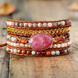 Chain Premium Designer Leather Bracelet Rhodonite Mix Chain 5 Strands Woven Wrap Bracelets Bohemian Charm Bracelets Dropship 230606