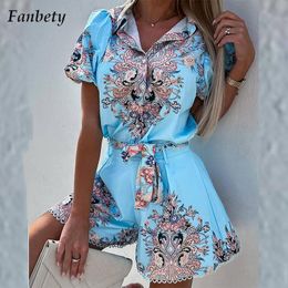 Women's Two Piece Pants Women Elegant Pattern Print Two Piece Set Summer Casual Short Sleeve Button-up Top Shorts Suit Fashion Lace-Up Button Outfits 230606